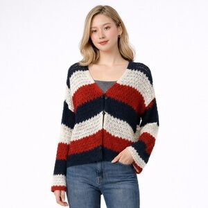 32 Degrees Striped Crochet Flare Sleeves Boho Cardigan Red White Blue Size XL